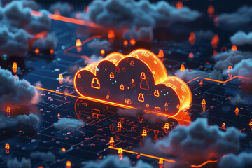 Poster - A cloud of people is hovering over a computer chip. The people are all connected to the computer chip, and the cloud is glowing with a warm orange light