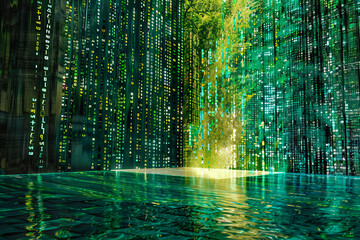 Poster - A futuristic cityscape with a green forest in the background. The city is filled with neon lights and the forest is illuminated with a bright green glow. Scene is futuristic and mysterious
