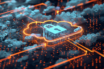 Poster - A computer chip with a lock on it. The chip is surrounded by a blue cloud
