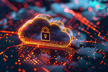 Poster - A glowing cloud with a key on it. The cloud is surrounded by a glowing red background. Concept of security and protection, as the key on the cloud represents a lock that keeps something safe