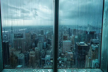 Wall Mural - A city view with raindrops on the window. The city is lit up at night, creating a moody atmosphere