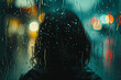A woman is standing in the rain with her head down. The rain is falling on the window, creating a blurry effect. Scene is melancholic and introspective