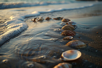 Wall Mural - A row of shells on a beach. The shells are scattered across the sand, with some closer to the water and others further away. The scene is peaceful and serene, with the sound of waves in the background