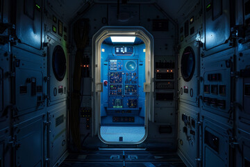 Poster - A space shuttle cockpit with a blue light on the wall