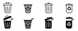 Set of trash can vector icons. Trash can icons. Remove characters. Trash cans in black and white style