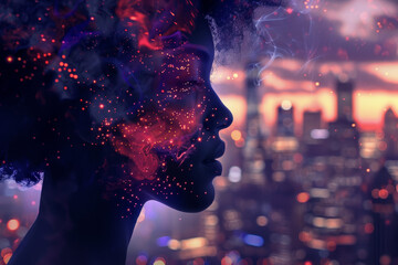 Poster - A woman's face is shown in a cityscape with a lot of smoke and fire. The image has a futuristic and dystopian feel to it