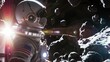 Cosmic Explorer, space suit, intrepid astronaut, navigating through a breathtaking asteroid field, in a virtual reality exploration 3D render, silhouetted lighting, lens flare, Split screen view