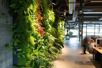 Wall Mural - Interior of green office with many different plants and vertical gardens, concept of eco friendship with business