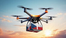 A drone delivers a box with a Czech flag. The concept of delivering goods, food from stores to the client’s home in the Czech.