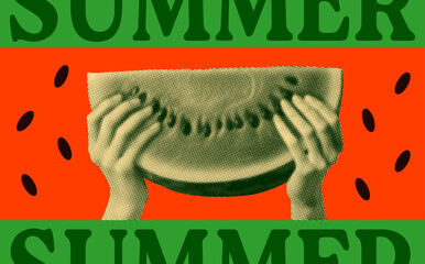 summer essence concept template seasonal design with pair hands holding large watermelon slice retro halftone grunge dotted collage element vibrant graphic illustration poster