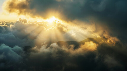 Wall Mural - Enchanted Twilight: Sunlight Filters Through Low Clouds at Sunset.