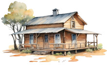 Wooden House In The Village. Watercolor Illustration On White Background, Western Concept.