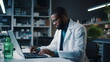 © decorator - African-american man working in lab. Scientist doctor making medical research. Laboratory tools: microscope, test tubes, equipment. Biotechnology, chemistry, science, experiments and healthcare.