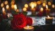 Cremation Urn and Red Rose with Burning Candles - Funeral and Funerary Concept at Church or Chapels