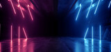 Fototapeta Perspektywa 3d - Neon Warehouse Sci Fi Futuristic Laser Purple Blue Glowing Vibrant Electric Concrete Cement Underground Showroom Tunnel Corridor Parking Grunge Asphalt 3D Rendering