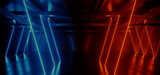 Fototapeta Perspektywa 3d - Sci Fi Futuristic Neon Orange Blue Cyber Glowing Fluorescent Concrete Cement Grunge Underground Hangar Warehouse Room Garage Corridor Tunnel Dark Retro Lines Alien 3D Rendering