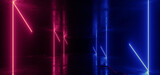 Fototapeta Perspektywa 3d - Neon Glowing Sci Fi Blue Red Lights Laser Beams Cement Grunge Concrete Underground Futuristic Warehouse Stage Club Empty Dark Cables Alien Spaceship Hallway 3D Rendering