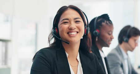 Poster - Customer service, face or happy woman in call center for advice, tech support or consulting. Smile, portrait or friendly Asian consultant in telemarketing, CRM or telecom company with mic headset