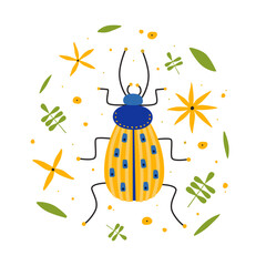 Wall Mural - Cartoon yellow beetle among leaves and flowers vector flat illustration. Funny insect with long antennae on white isolated background. Template for use in design, textiles, books, packaging.