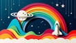 paper craft space shuttle preparing for launch beside a colorful, layered rainbow with a ringed planet, all set against a dark blue sky dotted with stars and hanging celestial bodies.
