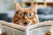 Shocked Orange Tabby Cat Reading Newspaper