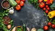 Fresh Vegetables and Herbs on Dark Slate Background