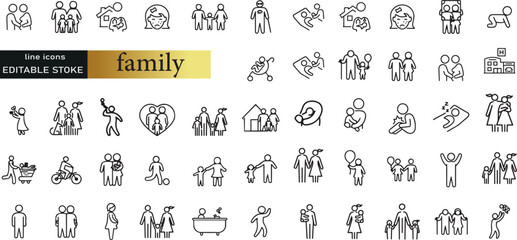 Wall Mural - Types of family structures. Thin line icon set. Symbol collection in transparent background. Editable vector stroke