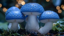   A Cluster Of Blue Mushrooms Atop A Verdant Forest, Dotted With Numerous Small White Mushrooms Featuring Golden Caps