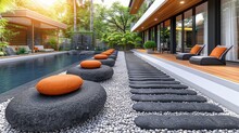   A Beautifully Designed House Features A Pool Surrounded By Numerous Stones And Ample Chairs Situated Beside It