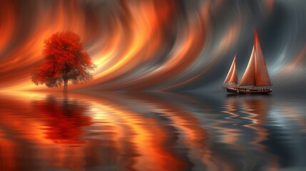  Boat on water, red forested tree , orange swirling backdrop