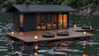  A floating house on the water, its center aglow with a lit candle