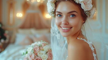   A woman in a bridal gown holds one bouquet of flowers and another of roses