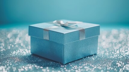 Wall Mural -   A blue gift box, adorned with a silver bow, against a blue backdrop sprinkled with silver flecks and subtle snow flurries