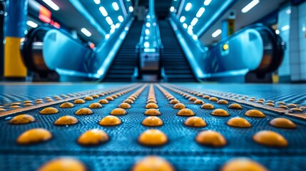 Canvas Print -   In a subway station, an orange ball-laden conveyor belt stands prominently against the backdrop of an escalator