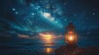   A lantern atop a sandy beach beneath a star-filled night sky