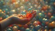   A tight shot of hands holding soap bubbles, with a backdrop of blurred bubble chaos
