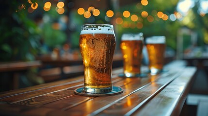 Wall Mural -   Two glasses of beer, one atop each wooden table