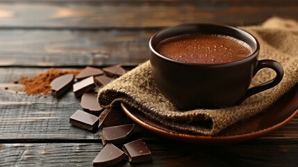 Poster -   A cup of hot chocolate on a wooden table, with a plate bearing it and nearby pieces of chocolate