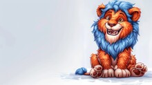   A Cartoon Lion With A Broad Grin Sits On The Ground, Sporting A Blue Mane