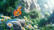   A Butterfly Atop A Rock Amidst A Sun-kissed Field Of Daisies