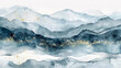 Ethereal Blue Mountain Range Watercolor with Gold Accents