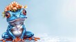   A blue frog, crowned with flowers, sits on the ground amidst water that playfully splashes around its legs