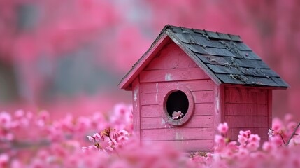 Sticker -   A pink birdhouse with a cat in its hole amidst a field of pink blooms