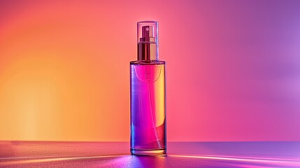 Poster -   A glass bottle filled with pink-purple liquid against a matching background Reflection of light on the surface