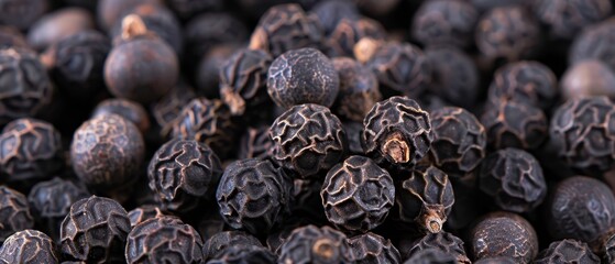 Wall Mural -   A tight shot of black peppercorns, ripe and prepared for use as a garnish