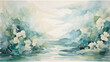 Serene watercolor backdrop with hues of azure, emerald, and cream, evoking a sense of calmness and tranquility.