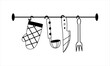 Set of kitchen tools hanging linear illustration. Monochrome picture flat minimal composition.