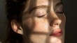 © Oksana Smyshliaeva - Serene Freckled Woman with Natural Light Shadows on Face