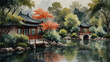 Serene watercolor landscape capturing the tranquility of a Chinese garden pavilion.