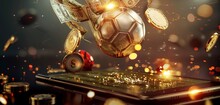 A Mobile Holding A Tablet Holding A Soccer Ball Of Money, Gold And Red Theme, Style Casino 